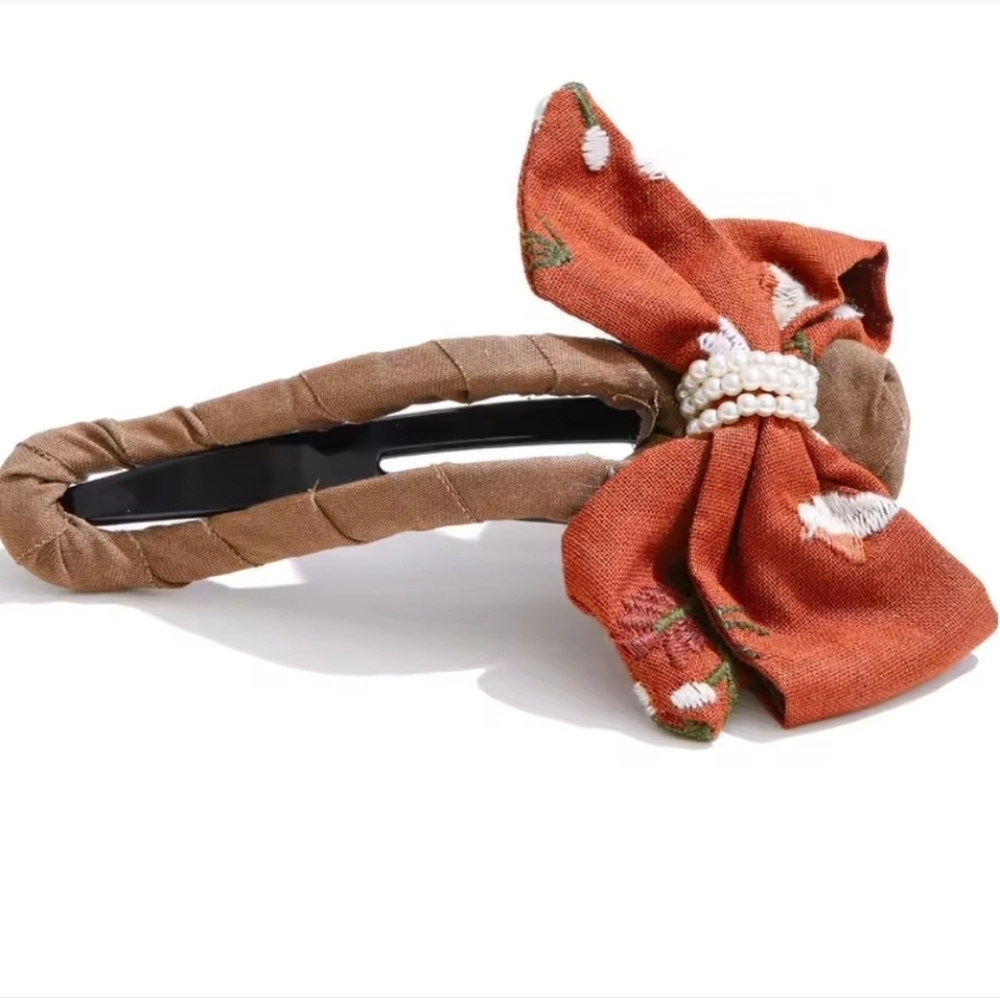 Anthropologie Embroidered Bow Earthtone Hair Claw Clip | NWOT